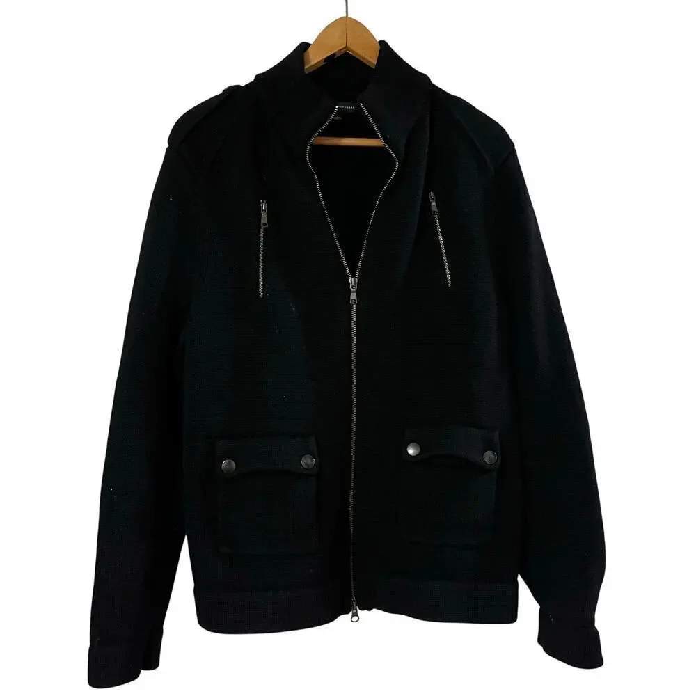 Banana Republic Mens Heavy Black Knit Military Style Wool Cardigan Size Large